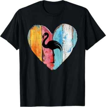 Nature Retro Cute Vintage Wooden Heart Flamingo Colorful Art T-Shirt