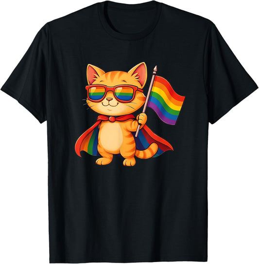 Kitten Cat Gay Pride LGBT Sunglasses Cape Rainbow Flag Men Women Kids T-Shirt