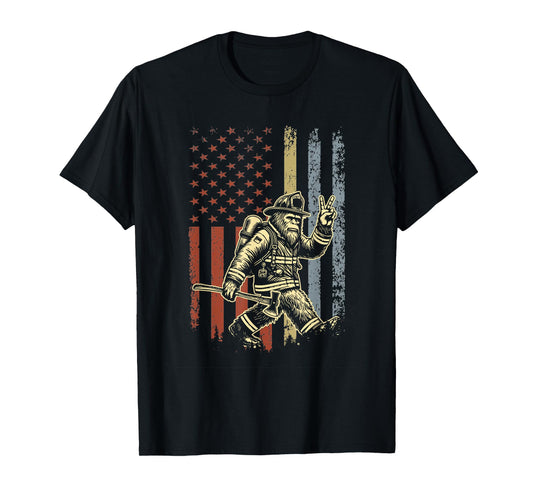 Retro American Flag Bigfoot Firefighter Sasquatch Fireman T-Shirt