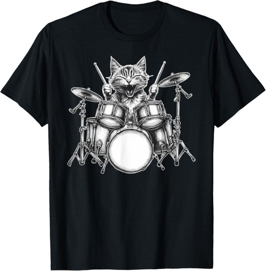 Cat Playing Drum Percussionist Drummer Rock & Roll Music T-Shirt