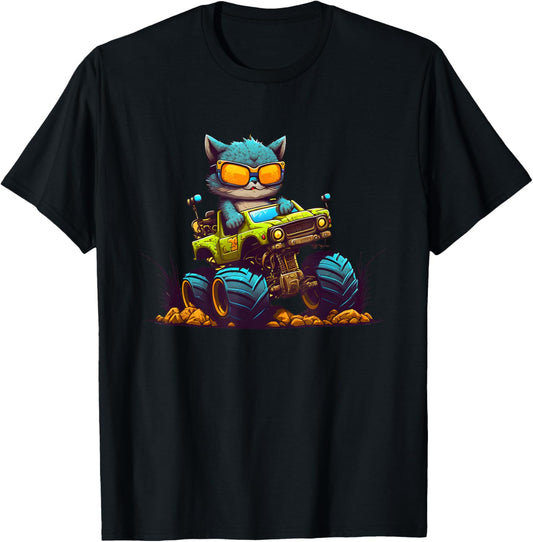 Cute Cat Monster Truck For Boys Kids T-Shirt