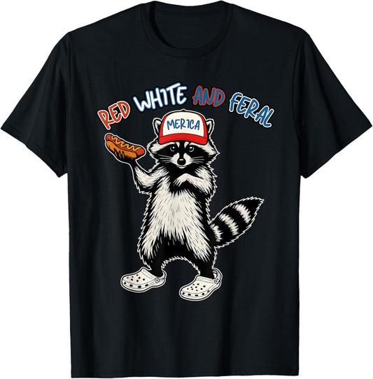 Red White And Feral American Raccoon Hot Dog 4th Of July T-Shirt