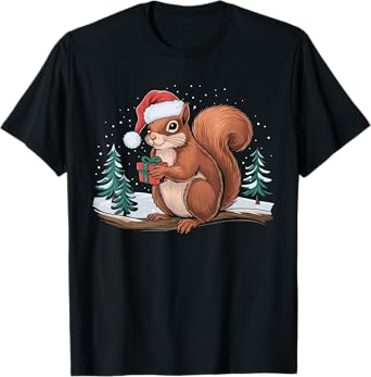Squirrel Christmas Santa Hat Christmas Vacation Squirrel T-Shirt
