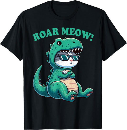 Roar Meaow! Funny Cat Shirts For Kids - Cat Dinausor Trex T-Shirt