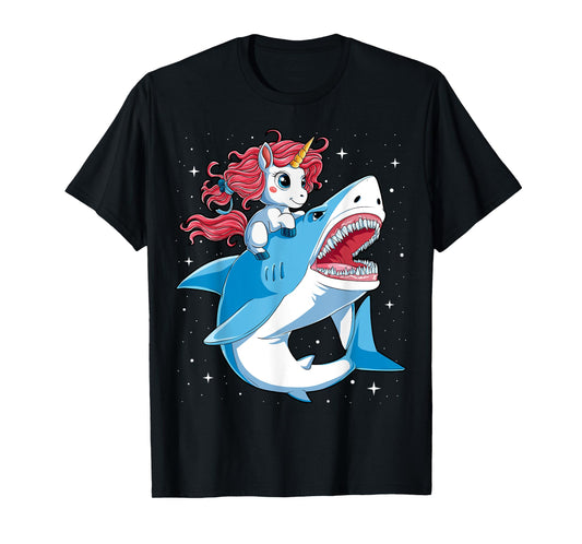 Unicorn Riding Shark T shirt Boys Kids Space Galaxy Gifts T-Shirt