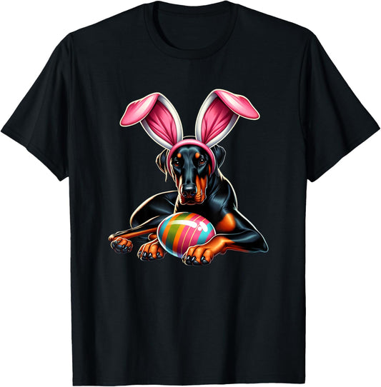 Cute Bunny Doberman Pinscher Dog Easter Hug Eggs Easter Day T-Shirt