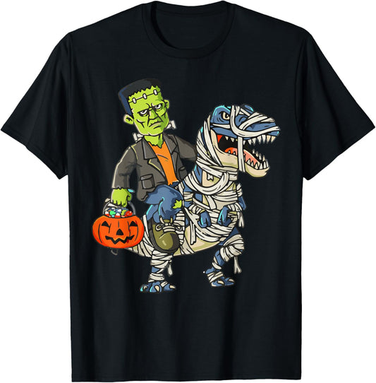 Frankenstein Riding Mummy Dinosaur Funny Halloween T-Shirt