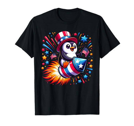 Cute Penguin 4th July Fireworks American USA Flag Boys Girls T-Shirt