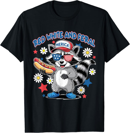 Red White And Feral Hot Dog Raccoon 4th Of July Trash Panda T-Shirt