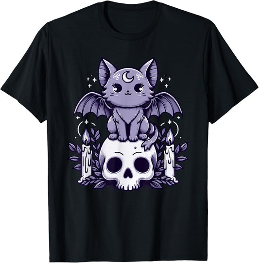 Kawaii Pastel Goth Cute Creepy Cat Bat Skeleton T-Shirt