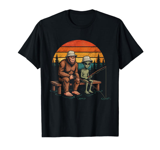 Funny Alien and Sasquatch Bigfoot Fishing Fisherman Men Boys T-Shirt