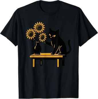 Funny Black Cat Sunflowers Flowers T-Shirt for Men Women Kids