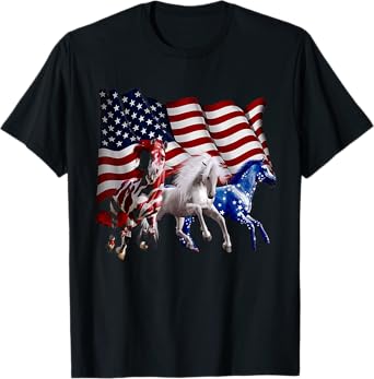 Happy 4th Of July American Flag Red White Horse And Blue T-Shirt