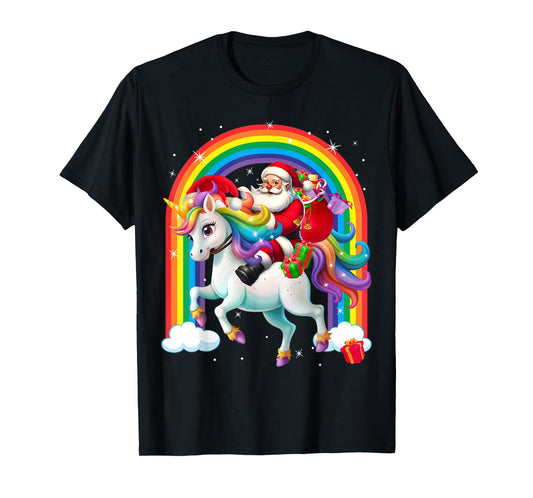 Merry Christmas 2025 Santa Riding Unicorn Xmas Girls Women T-Shirt