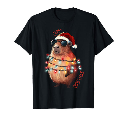 Cute Capybara Christmas Lights With sunglass Animal Lover T-Shirt