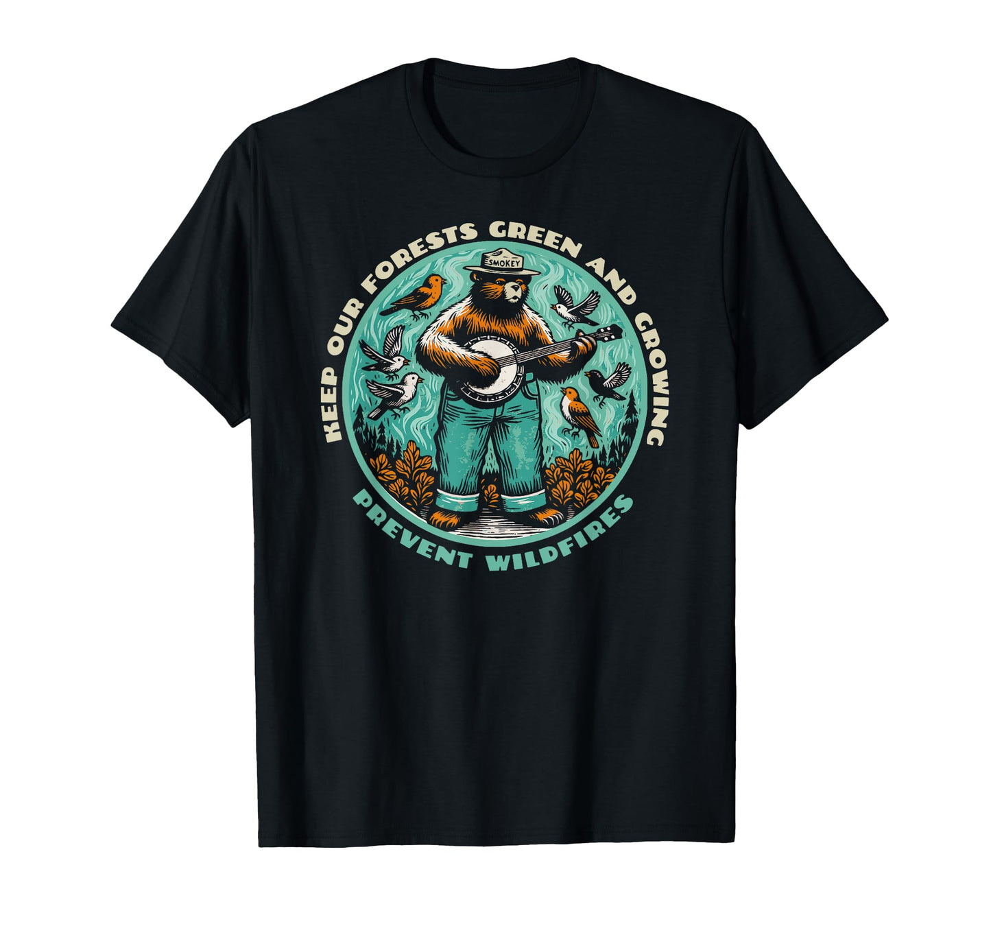 Prevent Wildfires Smokey Bear, Banjo & Birds T-Shirt