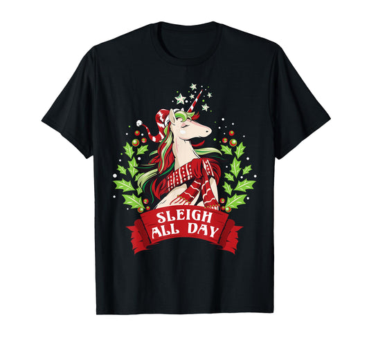 Sleigh All Day Cute Santa Unicorn Christmas T-Shirt