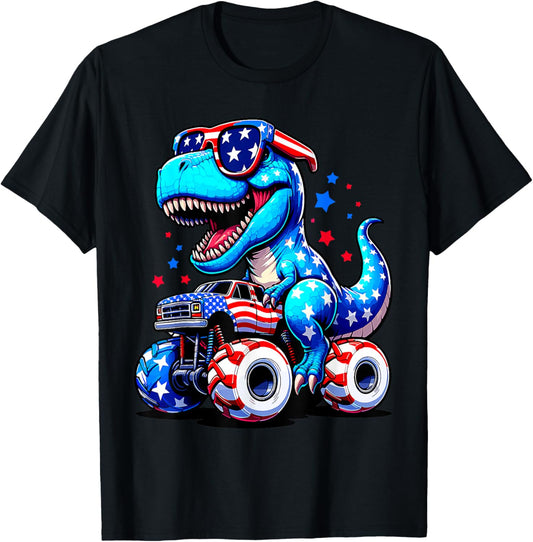 4th Of July T Rex Riding Monster Truck Boys Kids Toddlers T-Shirt
