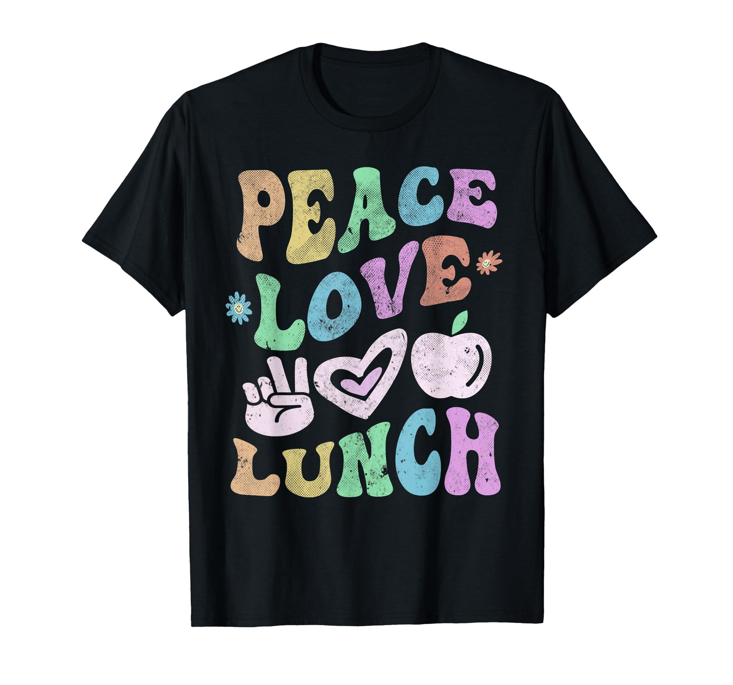 Vintage PEACE LOVE LUNCH LADY Retro Cafeteria Groovy Crew T-Shirt
