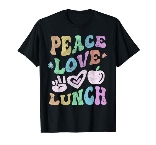 Vintage PEACE LOVE LUNCH LADY Retro Cafeteria Groovy Crew T-Shirt