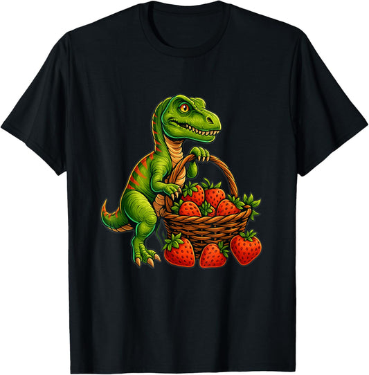 Dinosaur With Strawberries Funny Art Design T-Shirt