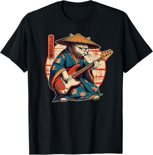 Japanese Samurai Cat Playing The Bass T-Shirt