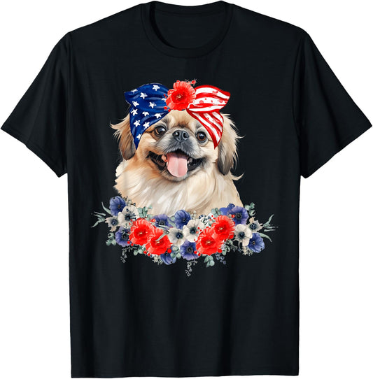 Pekingese Dog Bandana American Flag 4th Of July T-Shirt