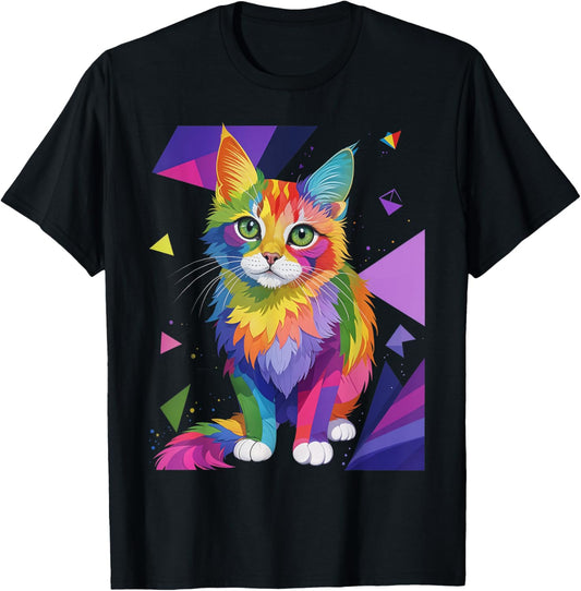 Colorful Psychedelic Cat Shirt Rainbow Art Cat Lover Mom Dad T-Shirt