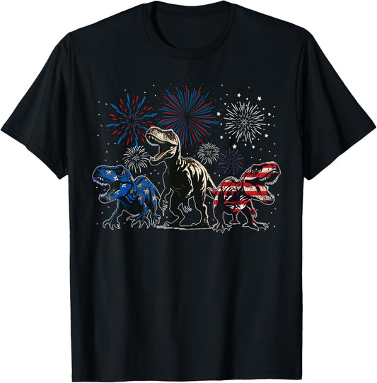 Red White Blue T-Rex Dinosaur Firework 4th Of July Patriotic T-Shirt