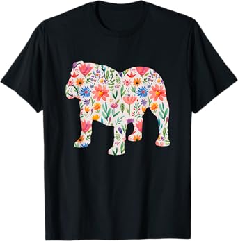 English Bulldog watercolor flowers design T-Shirt for Men Women Kids