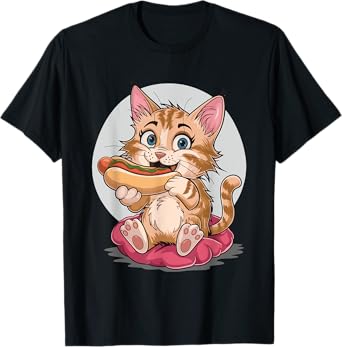 Cat Eating Hot Dog T-Shirt for Men Women