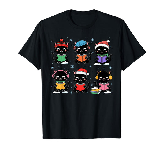 Black Cat Reading Book Christmas for Bookworm Cat Lover Xmas T-Shirt