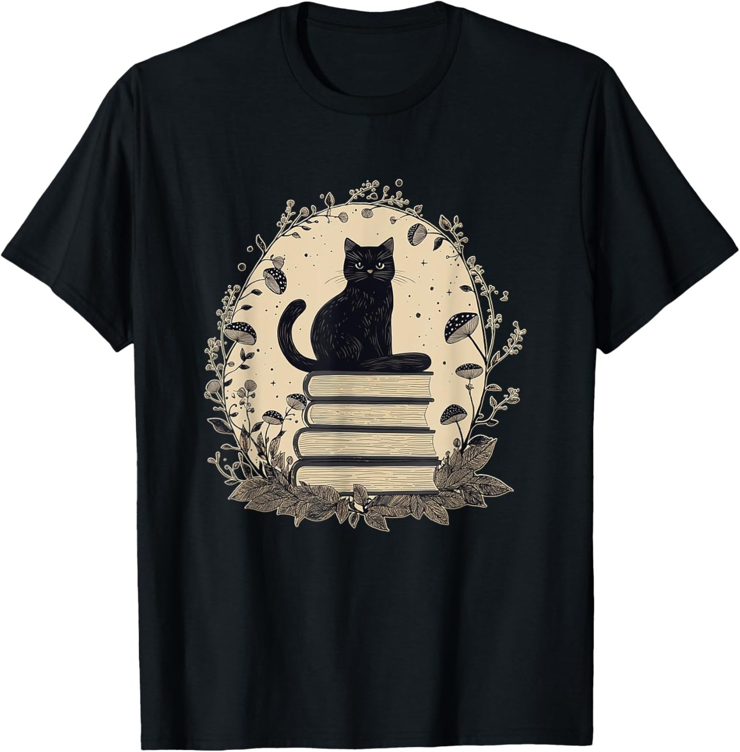 Cute Cat Sitting On Books With Mushrooms - Cottage Core T-Shirt
