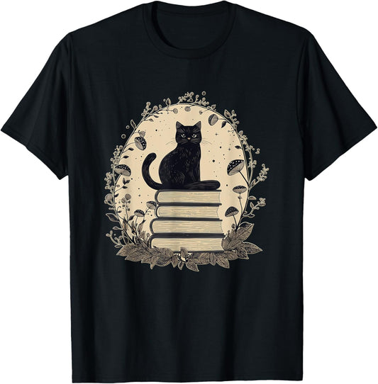 Cute Cat Sitting On Books With Mushrooms - Cottage Core T-Shirt