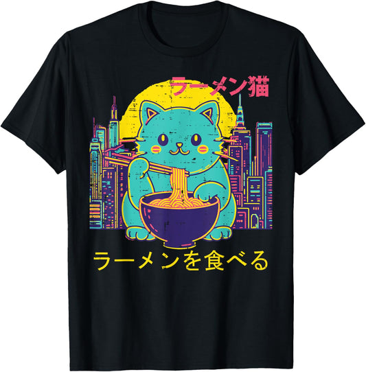 Cat Eating Ramen Vaporwave Retro Japanese Girls Kids Women T-Shirt