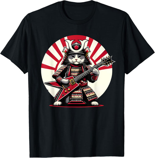 Japanese Samurai Cat Playing Electric Guitar Player T-Shirt