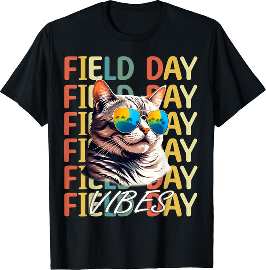 School field day Vibes Summer 2024 Retro Cat Teachers Kids T-Shirt