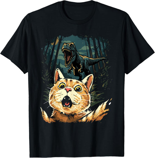 Cat Selfie with T-Rex Dinosaur Funny Dino Chase T-Shirt