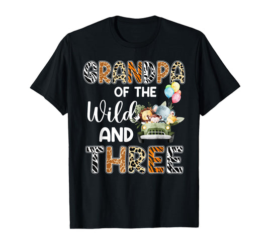 Grandpa Of The Wild and Three 3 Birthday Zoo Safari Jungle T-Shirt