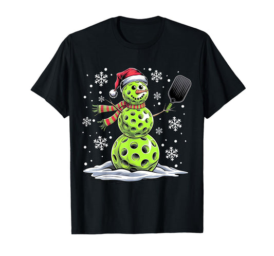 Pickleball Snowman Player Santa Hat Christmas Funny T-Shirt