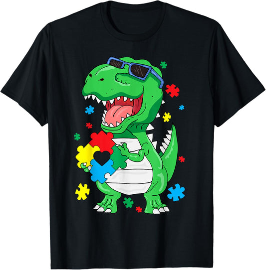 Autism Awareness T Rex Dinosaur Puzzle Piece Kids Boys T-Shirt