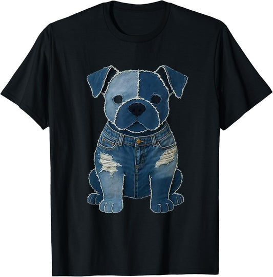 Retro Funny Denim Patch Animal Dog T-Shirt