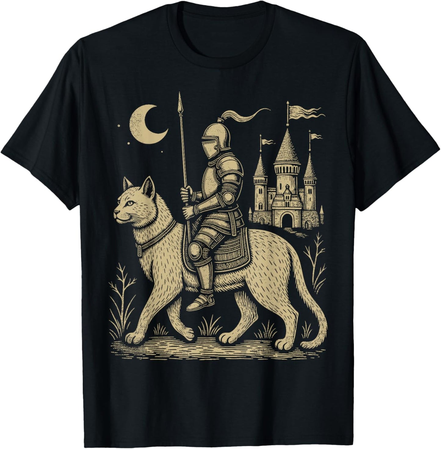Weird Medieval Cat Middle Ages Armored Knight Riding Cat T-Shirt