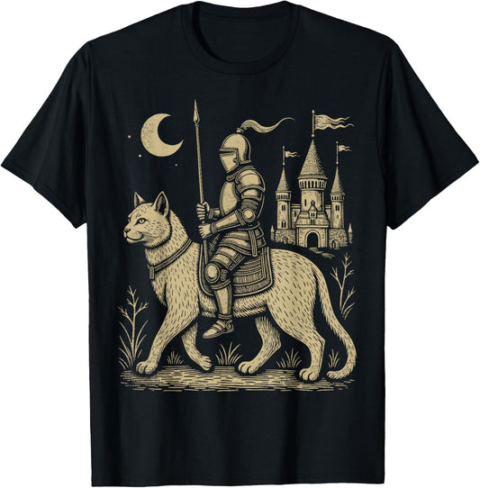 Weird Medieval Cat Middle Ages Armored Knight Riding Cat T-Shirt