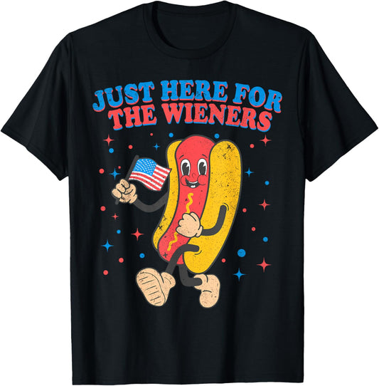 Retro Just Here For The Wieners 4th of July Funny Hot Dog T-Shirt