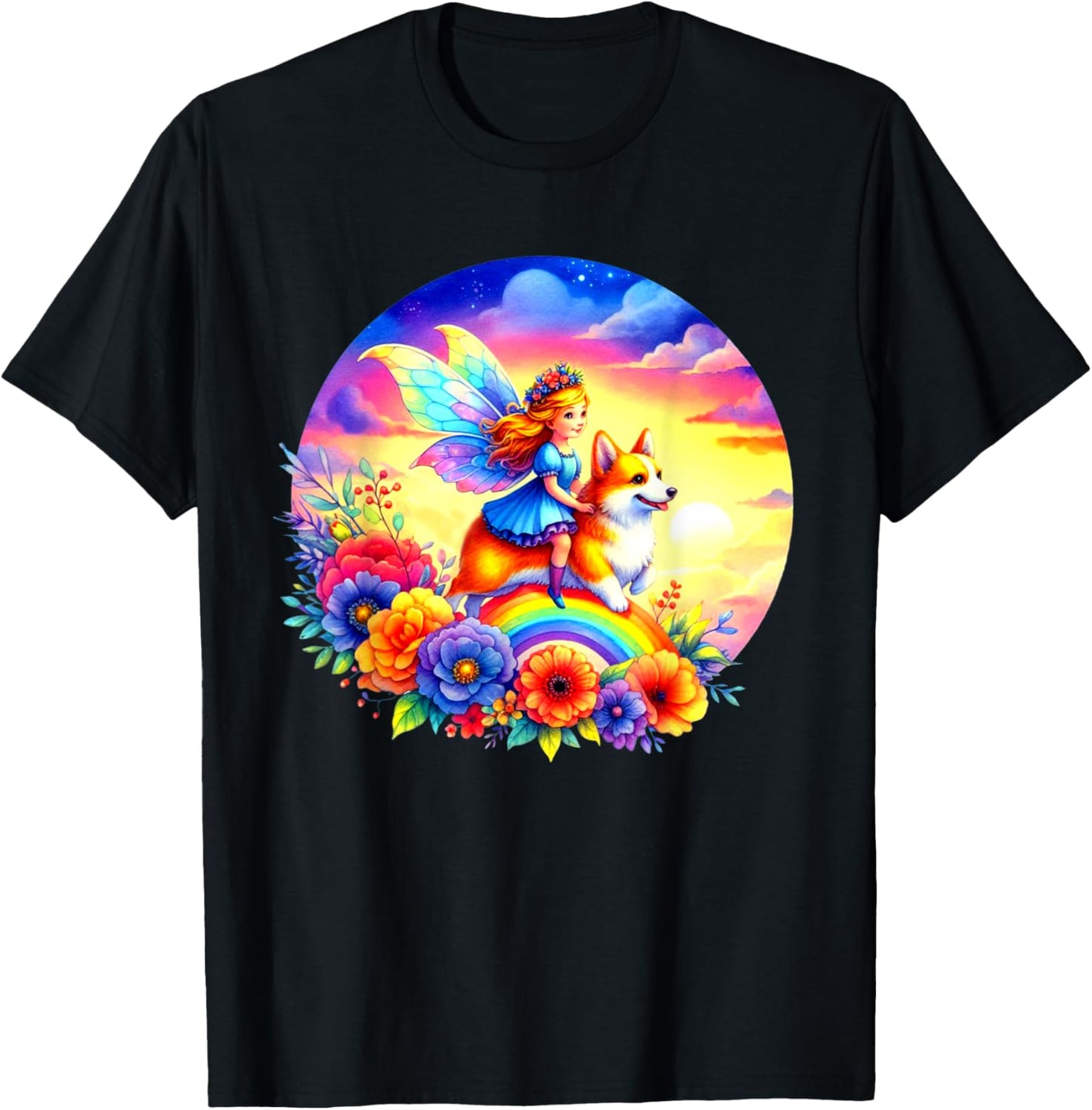 Fairy Riding Corgi Dog Rainbow Flowers Corgi Dog Lovers Art T-Shirt