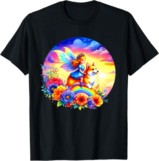 Fairy Riding Corgi Dog Rainbow Flowers Corgi Dog Lovers Art T-Shirt