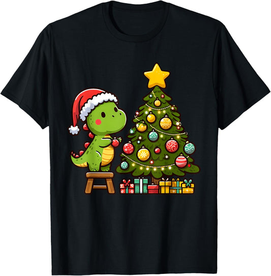 Cute T Rex Dinosaur Decorating Christmas Tree Xmas Holiday T-Shirt