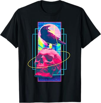 Vaporwave Skull Crow Halloween Retro Aesthetic Art T-Shirt
