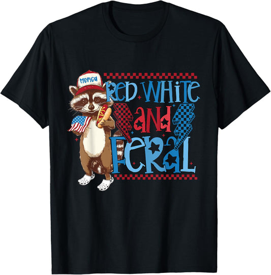 Funny Raccoon Red White And Feral Merica 4th Of July Hot Dog T-Shirt
